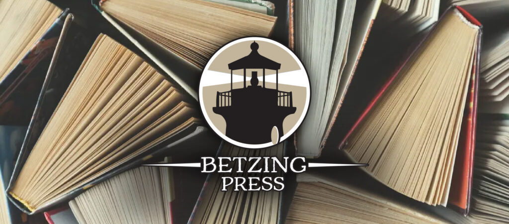 Stacks of open books and Betzing Press Lighthouse Logo